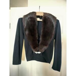 Vtg 50's Orlon Black Cardigan MINK FUR Shawl Collar Jeweled Clasp Sweater M
